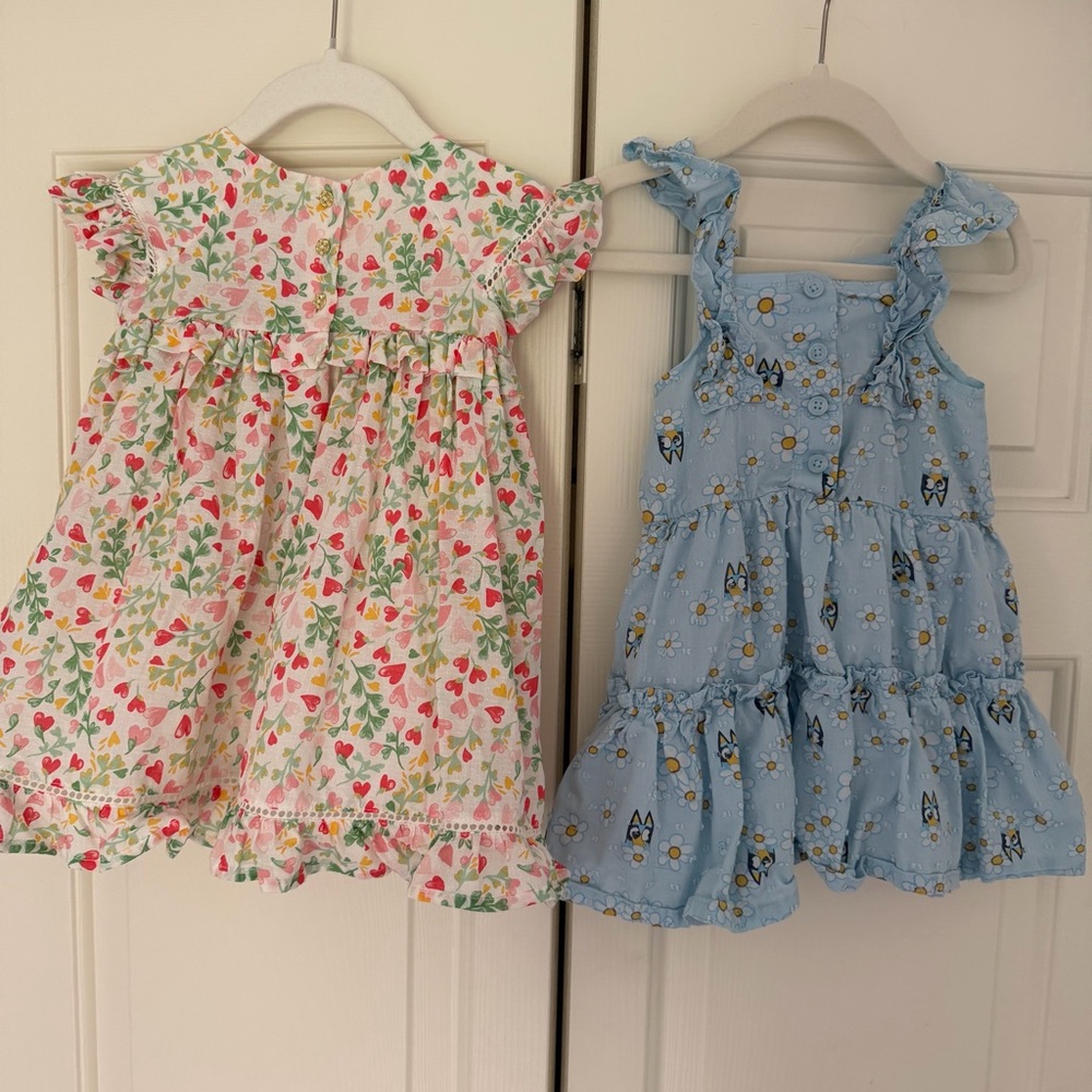 Girls Floral Heart Print and Bluet Dresses - Pink & Blue - Picture 3 of 7